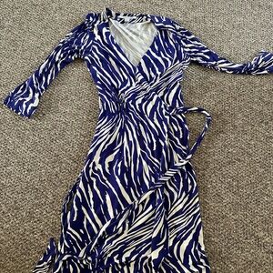 Diane Von Furstenberg Blue and White Wrap Dress with 3/4 Sleeves